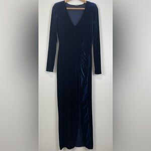 Y2K Fashion Nova Womens Small Velvet Deep Blue Long Sleeve Maxi Dress Front Slit